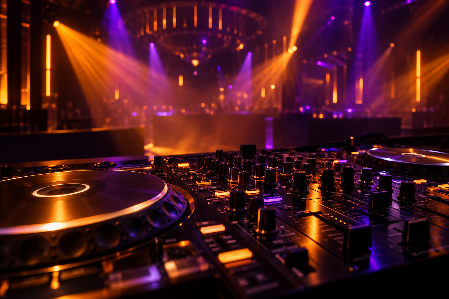 DJ mixing equipment under violet and amber stage lighting